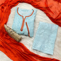 Sky Blue Ethereal Rayon Dyeable Kurti with Burnt Orange border, Palazzo & Burnt Orange Dupatta Set