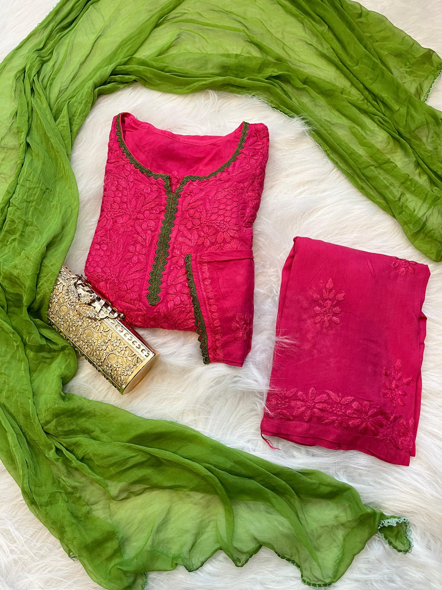 Rani pink Ethereal Rayon Dyeable Kurti with Moss Green border, Palazzo & Moss Green Dupatta Set