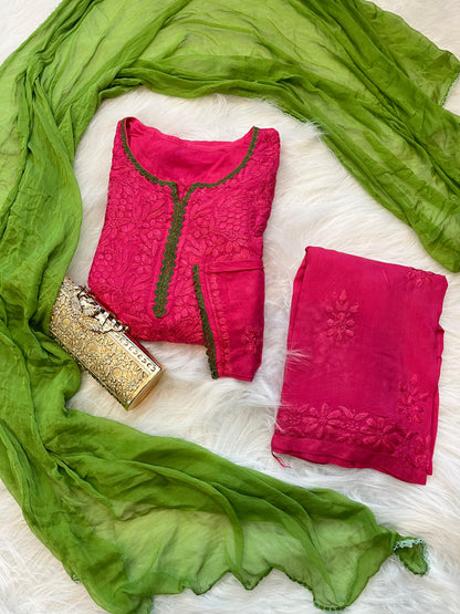 Rani pink Ethereal Rayon Dyeable Kurti with Moss Green border, Palazzo & Moss Green Dupatta Set