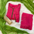Rani pink Ethereal Rayon Dyeable Kurti with Moss Green border, Palazzo & Moss Green Dupatta Set