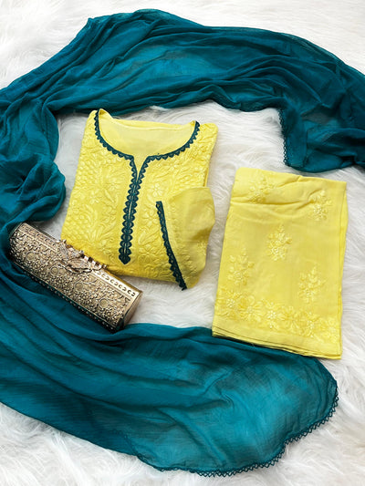 Lemon Yellow Ethereal Rayon Dyeable Kurti with Teal Blue border, Palazzo & Teal Blue Dupatta Set