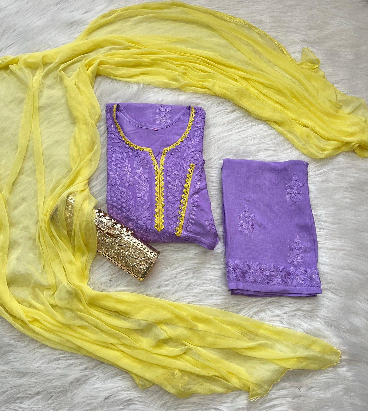 Lavendar Ethereal Rayon Dyeable Kurti with Lemon Yellow border, Palazzo & Lemon Yellow Dupatta Set