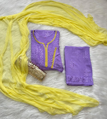 Lavendar Ethereal Rayon Dyeable Kurti with Lemon Yellow border, Palazzo & Lemon Yellow Dupatta Set