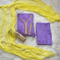 Lavendar Ethereal Rayon Dyeable Kurti with Lemon Yellow border, Palazzo & Lemon Yellow Dupatta Set