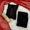Classic Black Ethereal Rayon Dyeable Kurti with Maroon Red border, Palazzo & Maroon Red Dupatta Set