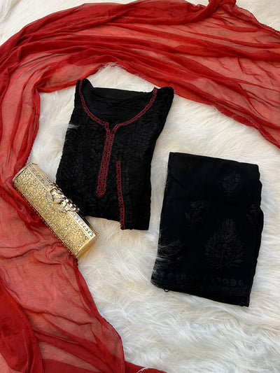 Classic Black Ethereal Rayon Dyeable Kurti with Maroon Red border, Palazzo & Maroon Red Dupatta Set