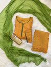 Mustard Yellow Ethereal Rayon Dyeable Kurti with Green border, Palazzo & Green Dupatta Set