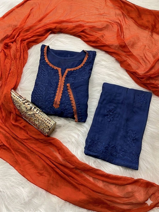 Navy Blue Ethereal Rayon Dyeable Kurti with Burnt Orange border, Palazzo & Burnt Orange Dupatta Set