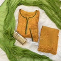 Mustard Yellow Ethereal Rayon Dyeable Kurti with Green border, Palazzo & Green Dupatta Set