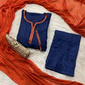 Navy Blue Ethereal Rayon Dyeable Kurti with Burnt Orange border, Palazzo & Burnt Orange Dupatta Set