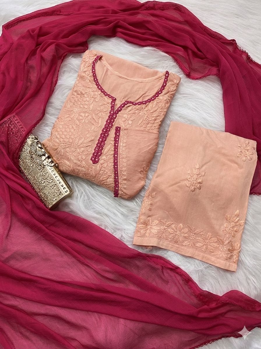 Delicate Peach Ethereal Rayon Dyeable Kurti with Rani Pink border, Palazzo & Rani Pink Dupatta Set