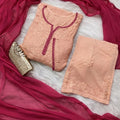 Delicate Peach Ethereal Rayon Dyeable Kurti with Rani Pink border, Palazzo & Rani Pink Dupatta Set