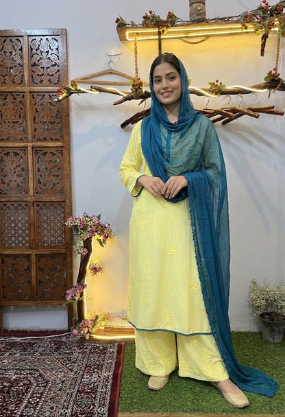 Lemon Yellow Ethereal Rayon Dyeable Kurti with Teal Blue border, Palazzo & Teal Blue Dupatta Set