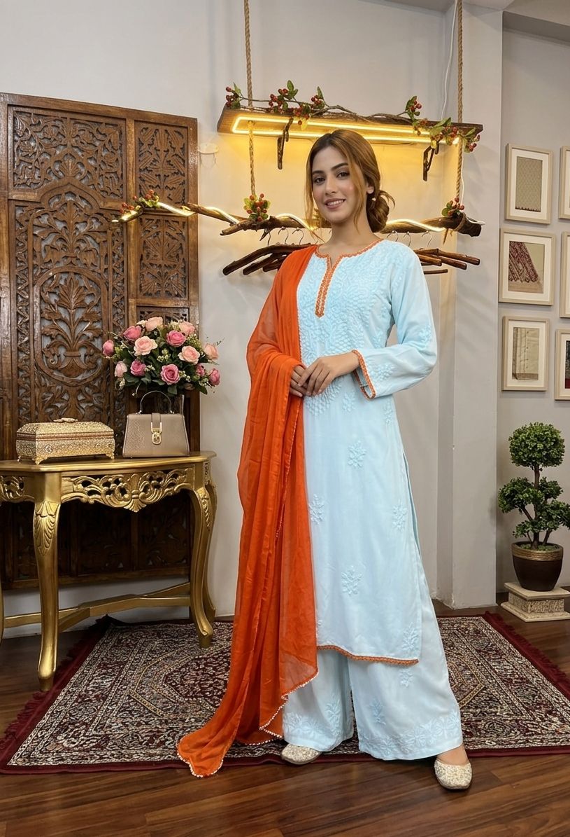 Sky Blue Ethereal Rayon Dyeable Kurti with Burnt Orange border, Palazzo & Burnt Orange Dupatta Set