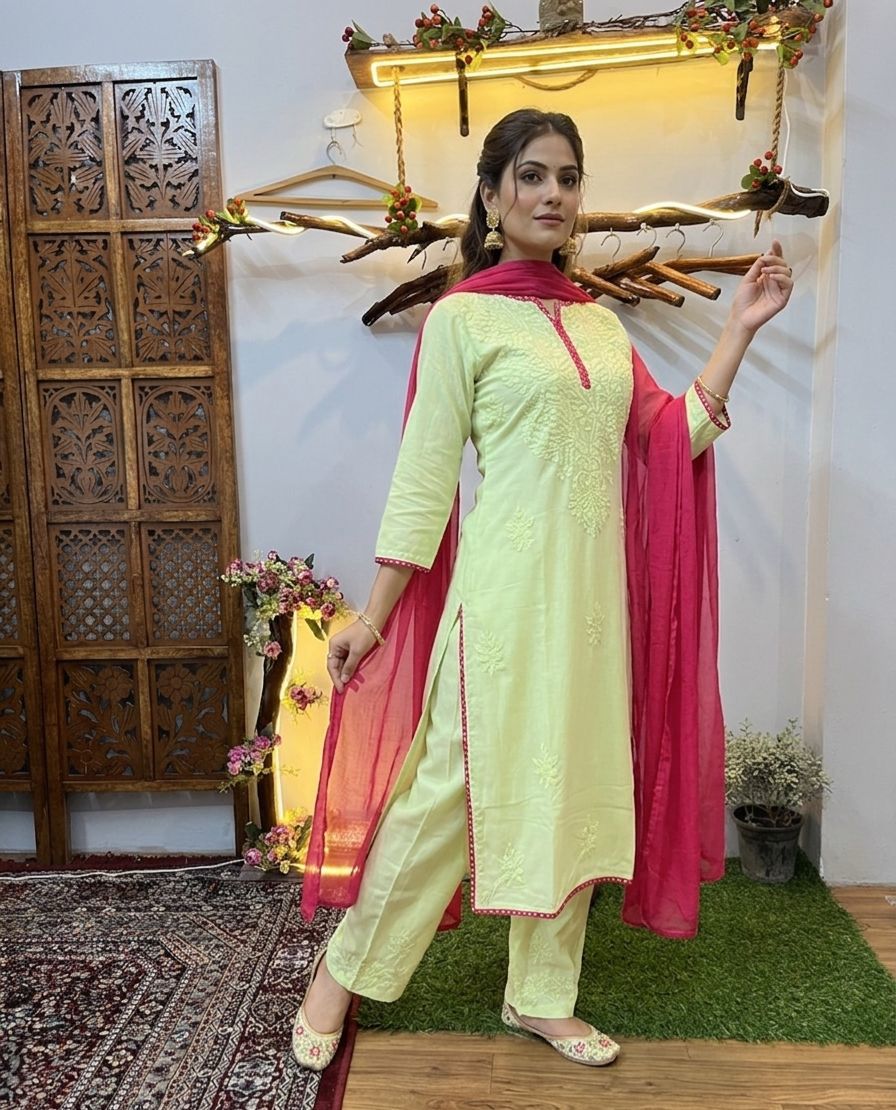 Pistachio green Ethereal Rayon Dyeable Kurti with Rani pink border, Palazzo & Rani Pink Dupatta Set