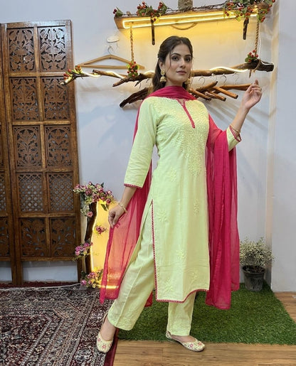 Pistachio green Ethereal Rayon Dyeable Kurti with Rani pink border, Palazzo & Rani Pink Dupatta Set