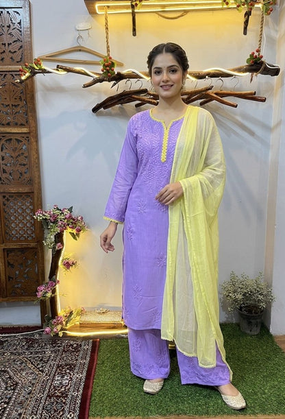 Lavendar Ethereal Rayon Dyeable Kurti with Lemon Yellow border, Palazzo & Lemon Yellow Dupatta Set