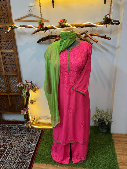 Rani pink Ethereal Rayon Dyeable Kurti with Moss Green border, Palazzo & Moss Green Dupatta Set