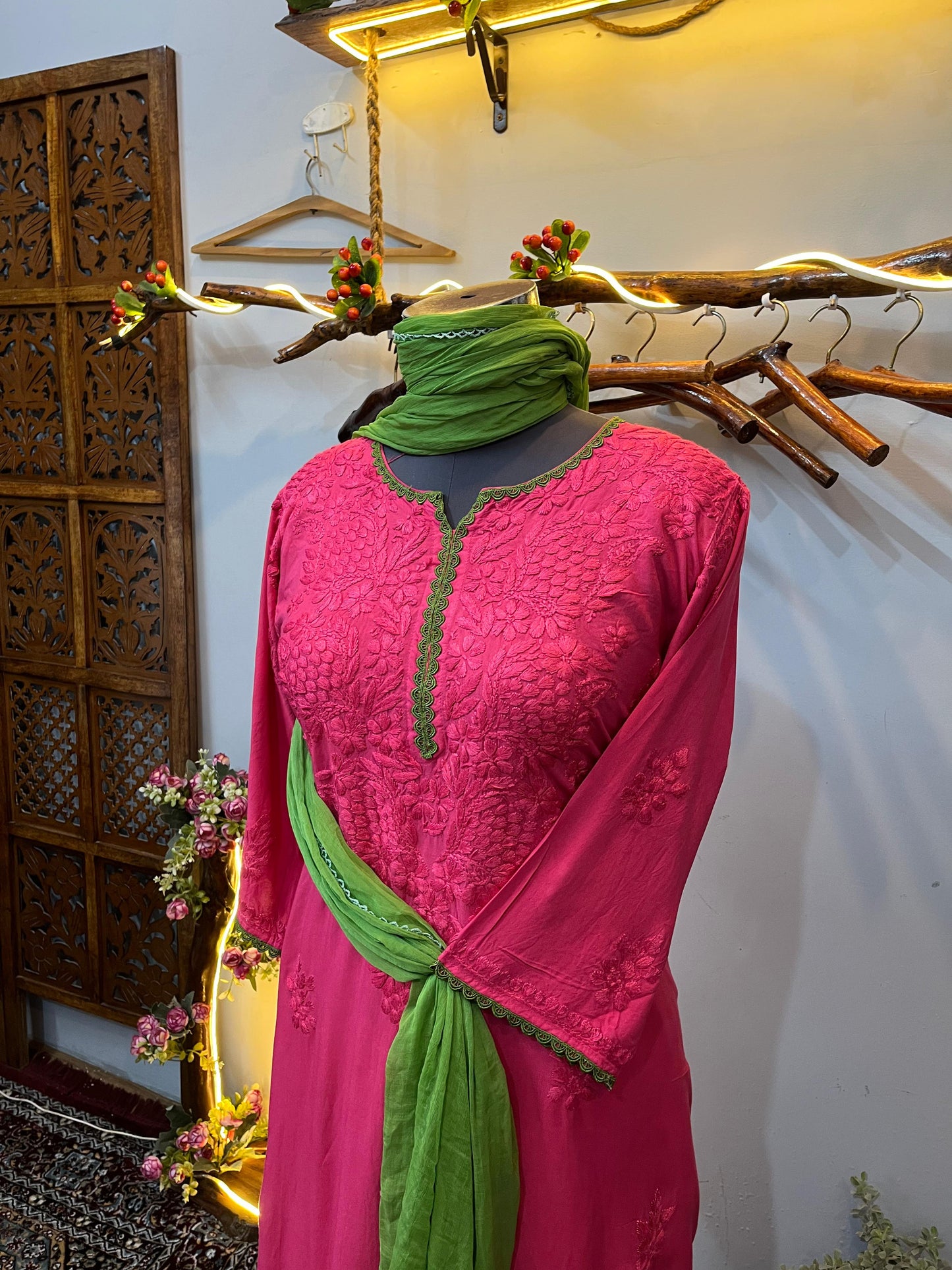 Rani pink Ethereal Rayon Dyeable Kurti with Moss Green border, Palazzo & Moss Green Dupatta Set