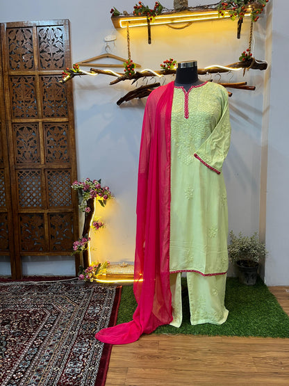 Pistachio green Ethereal Rayon Dyeable Kurti with Rani pink border, Palazzo & Rani Pink Dupatta Set