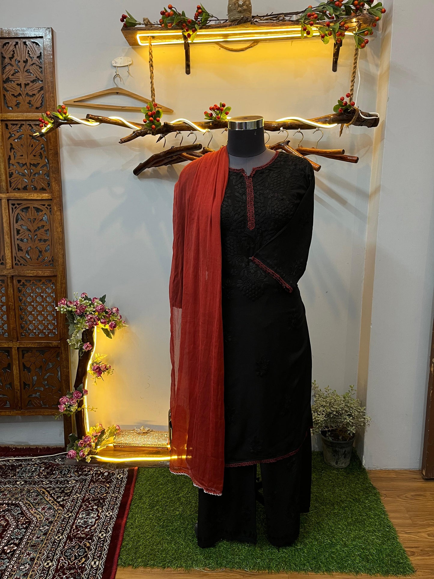 Classic Black Ethereal Rayon Dyeable Kurti with Maroon Red border, Palazzo & Maroon Red Dupatta Set