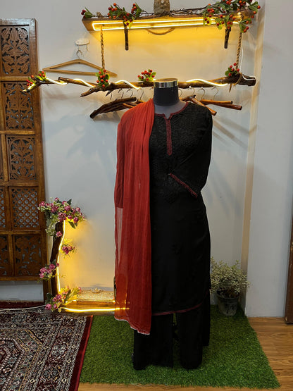 Classic Black Ethereal Rayon Dyeable Kurti with Maroon Red border, Palazzo & Maroon Red Dupatta Set