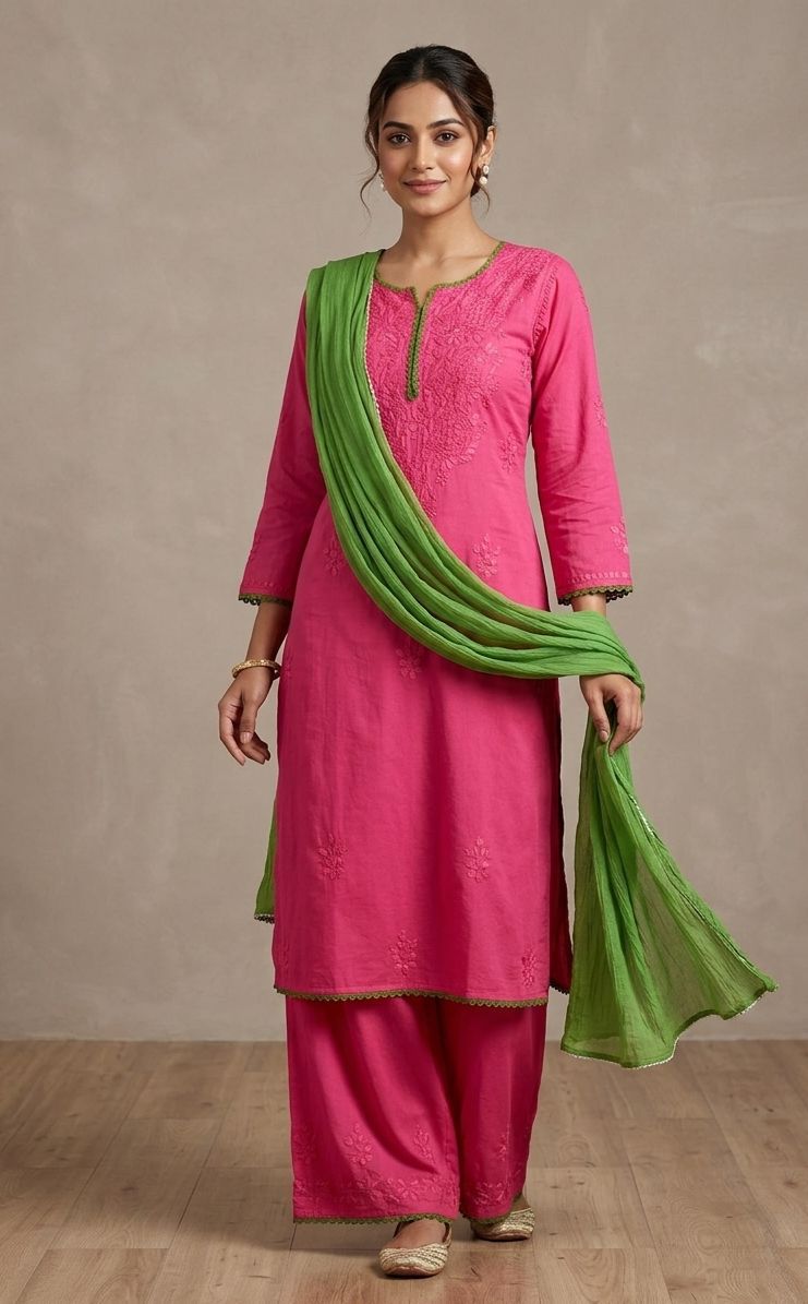 Rani pink Ethereal Rayon Dyeable Kurti with Moss Green border, Palazzo & Moss Green Dupatta Set