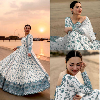 White Green Exquisite Georgette & Soft Organza Silk Embroidered Gown Set