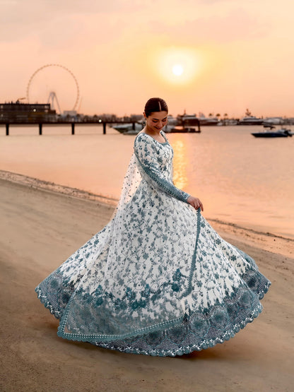 White Green Exquisite Georgette & Soft Organza Silk Embroidered Gown Set