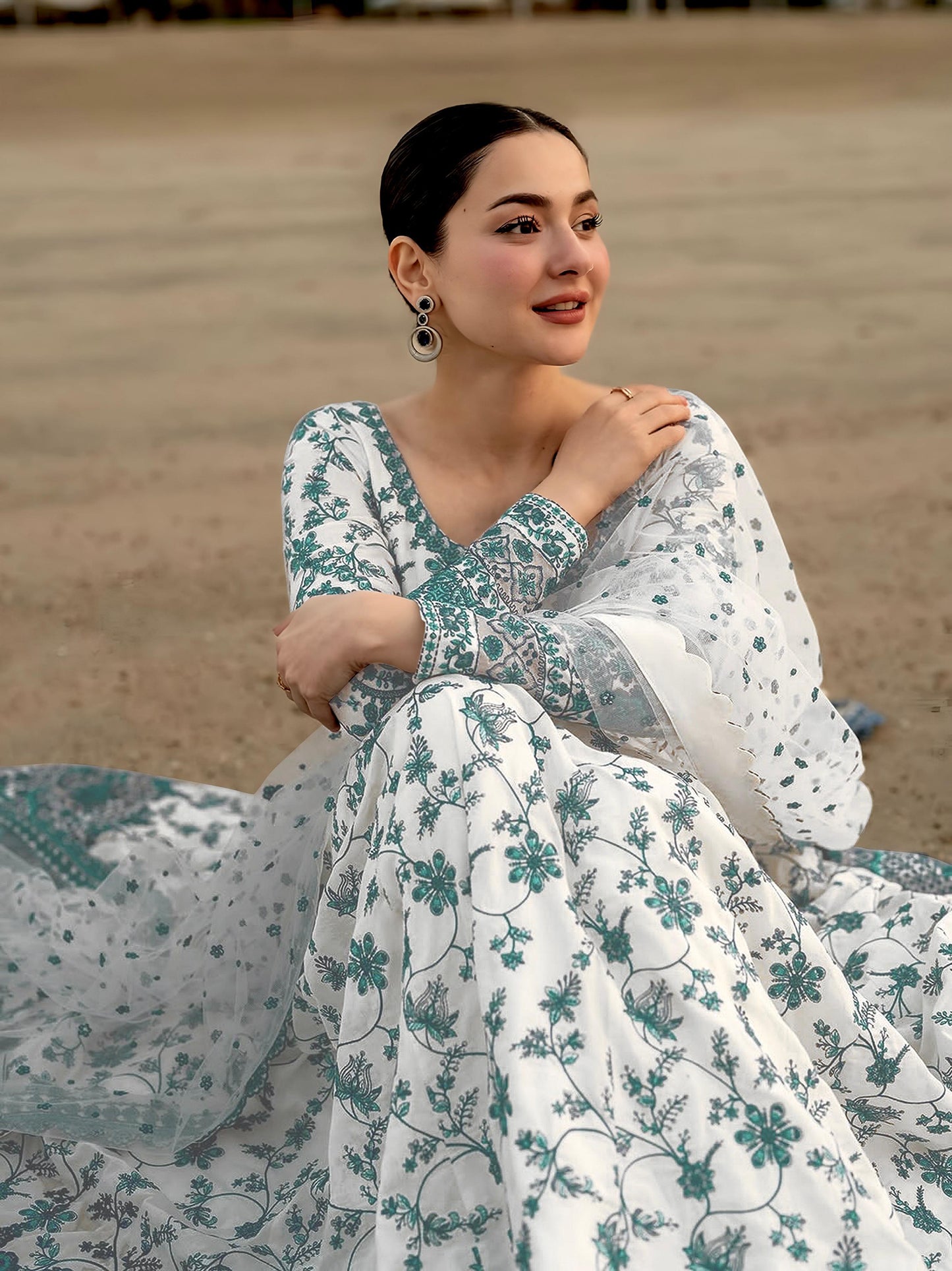 White Green Exquisite Georgette & Soft Organza Silk Embroidered Gown Set