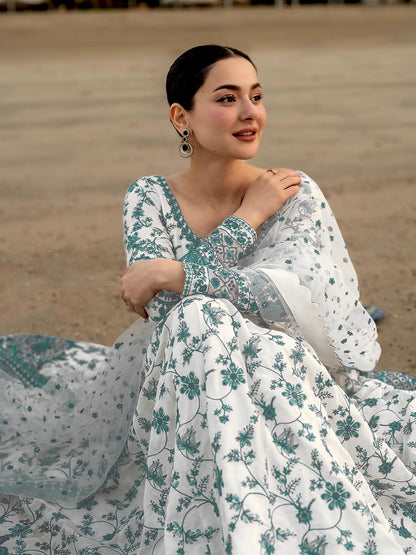 White Green Exquisite Georgette & Soft Organza Silk Embroidered Gown Set