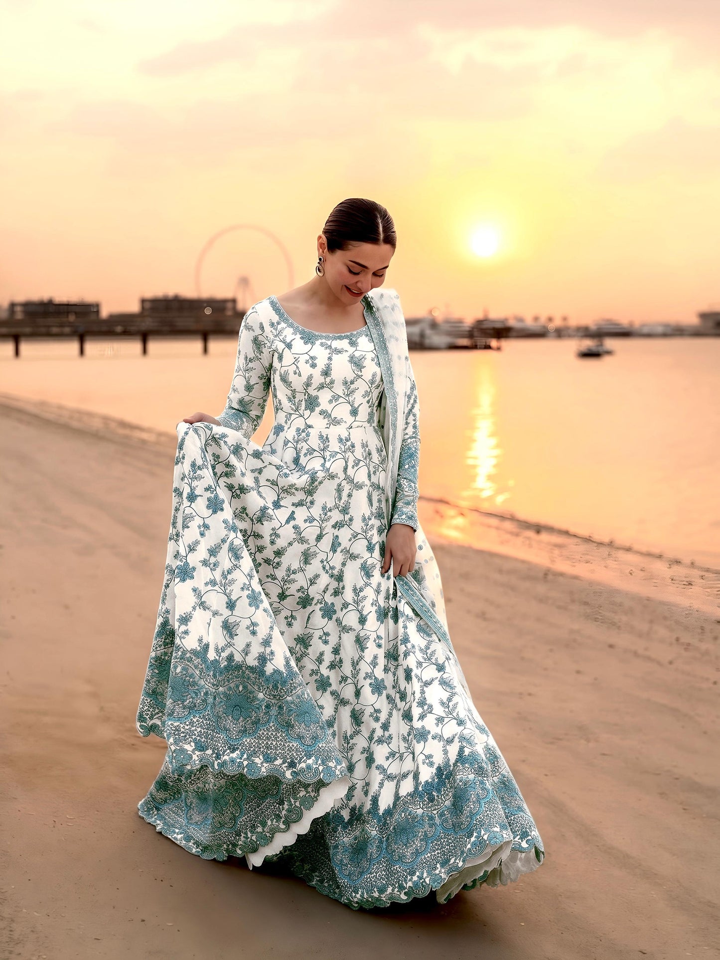 White Green Exquisite Georgette & Soft Organza Silk Embroidered Gown Set