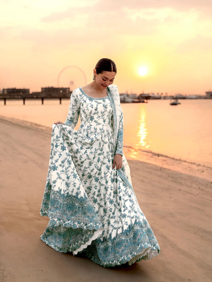 White Green Exquisite Georgette & Soft Organza Silk Embroidered Gown Set