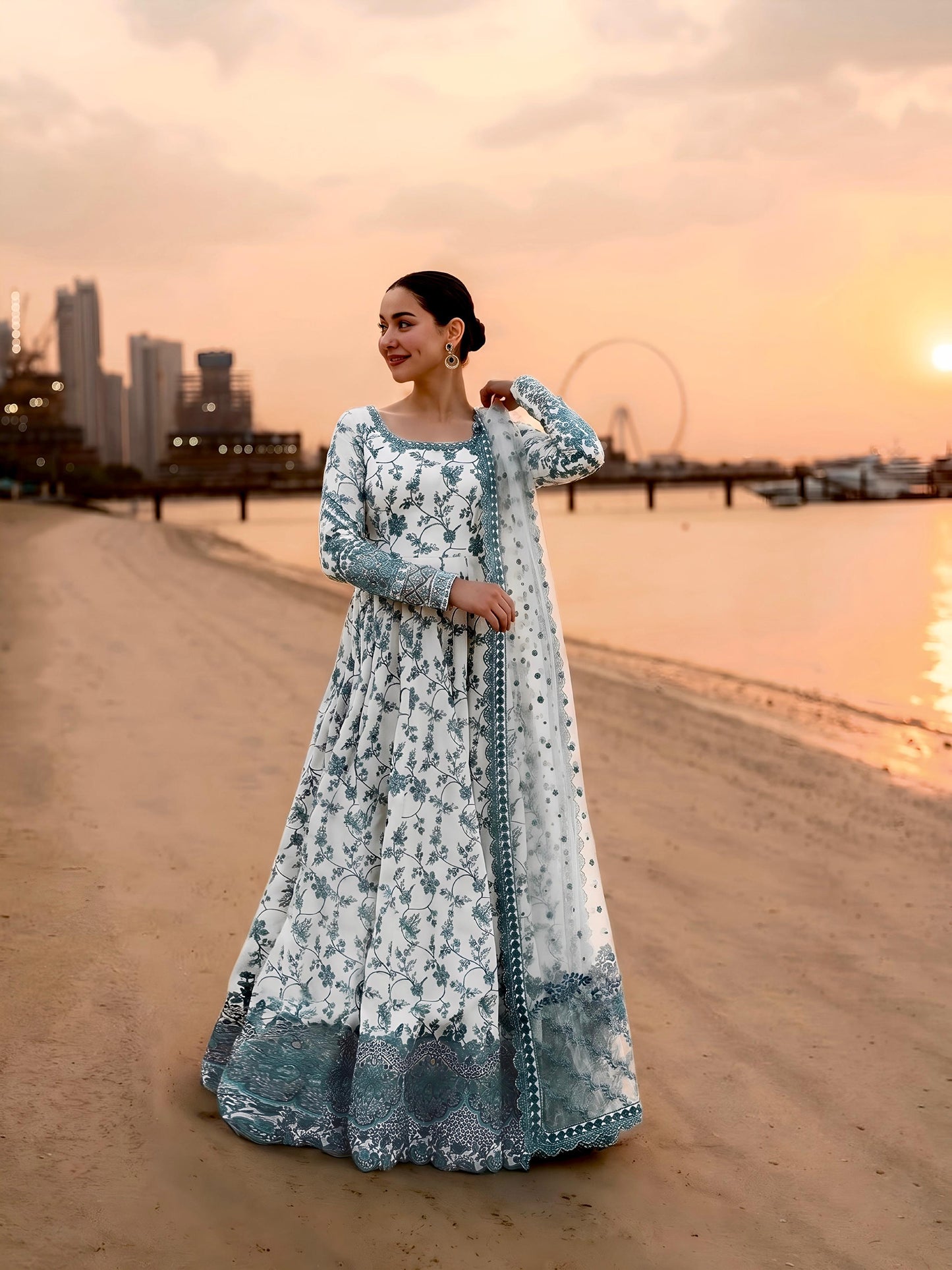 White Green Exquisite Georgette & Soft Organza Silk Embroidered Gown Set