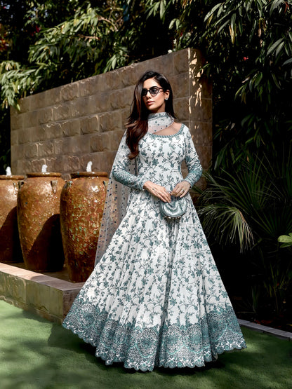 White Green Exquisite Georgette & Soft Organza Silk Embroidered Gown Set