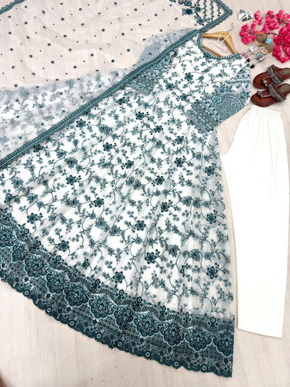 White Green Exquisite Georgette & Soft Organza Silk Embroidered Gown Set