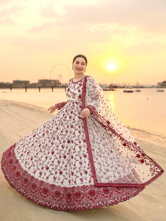 White Maroon Exquisite Georgette & Soft Organza Silk Embroidered Gown Set