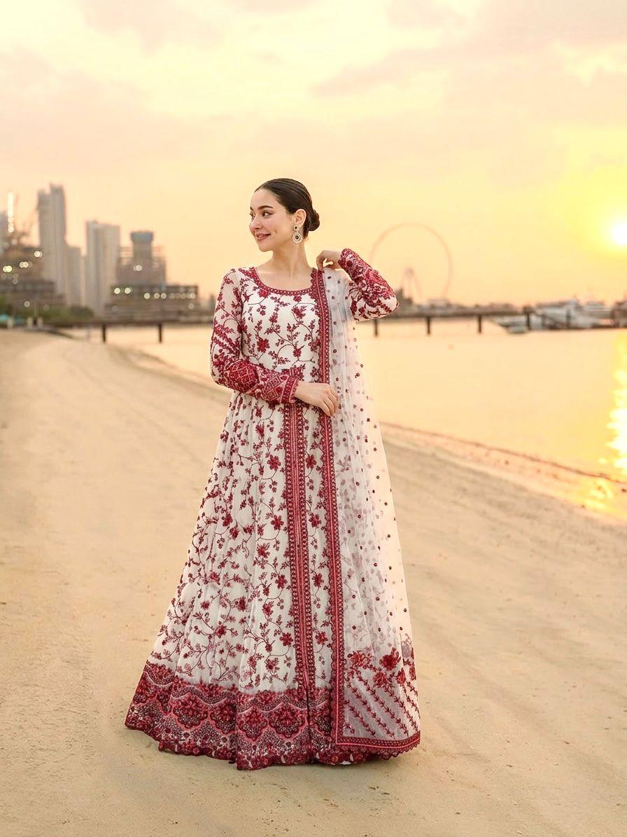 White Maroon Exquisite Georgette & Soft Organza Silk Embroidered Gown Set