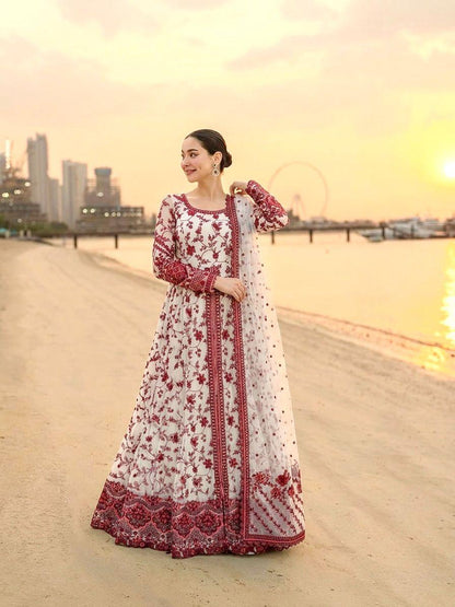 White Maroon Exquisite Georgette & Soft Organza Silk Embroidered Gown Set