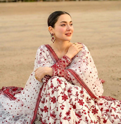 White Maroon Exquisite Georgette & Soft Organza Silk Embroidered Gown Set