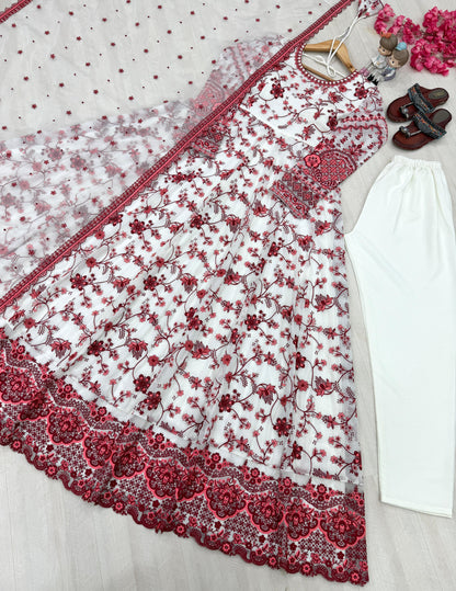 White Maroon Exquisite Georgette & Soft Organza Silk Embroidered Gown Set