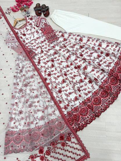 White Maroon Exquisite Georgette & Soft Organza Silk Embroidered Gown Set