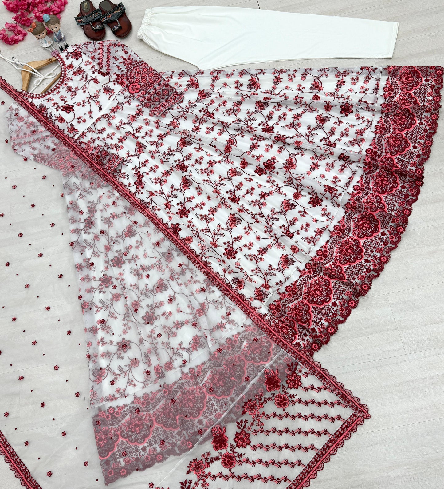 White Maroon Exquisite Georgette & Soft Organza Silk Embroidered Gown Set