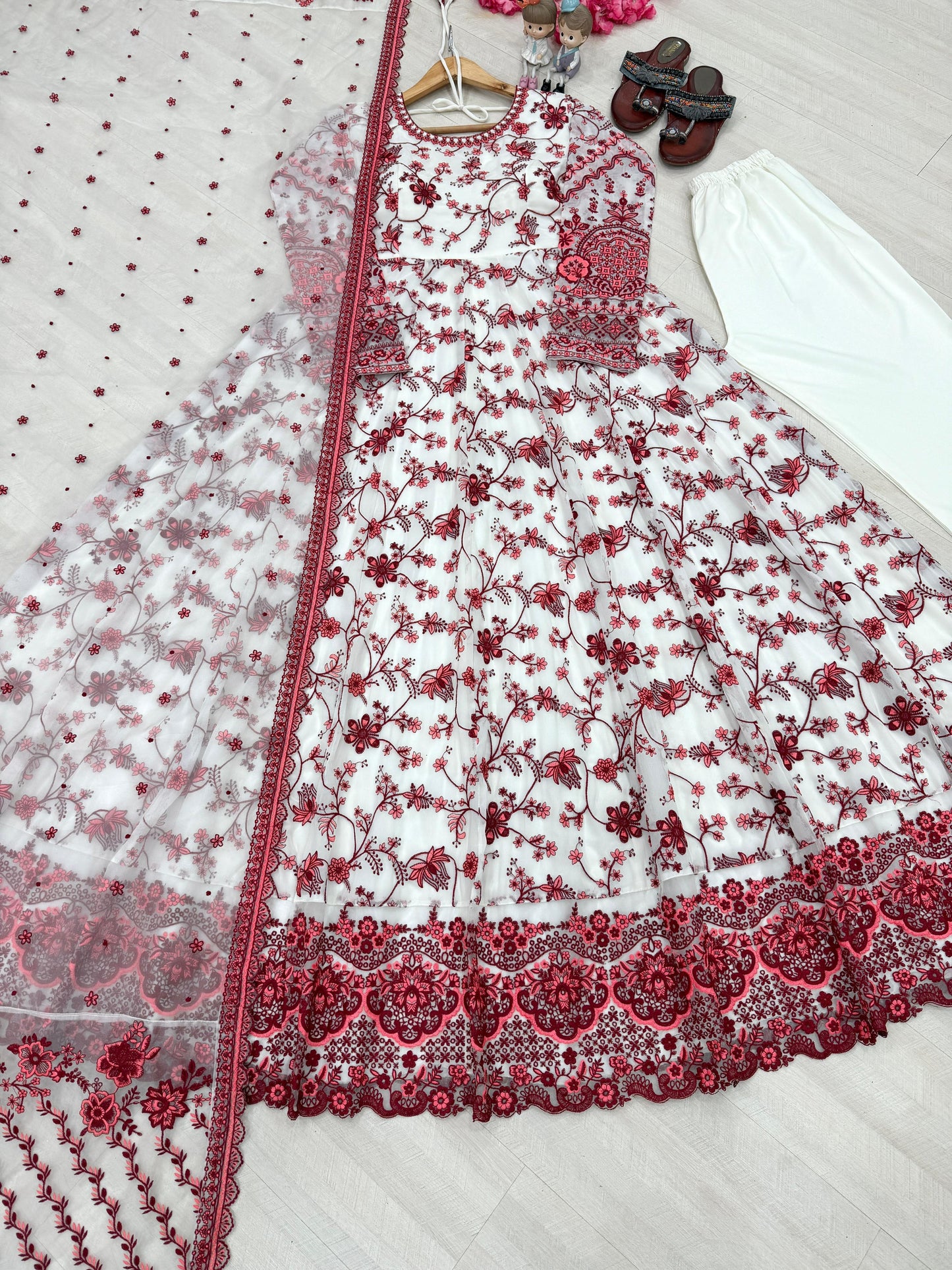 White Maroon Exquisite Georgette & Soft Organza Silk Embroidered Gown Set