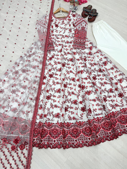 White Maroon Exquisite Georgette & Soft Organza Silk Embroidered Gown Set