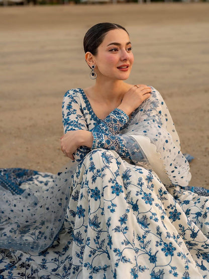 White Blue Exquisite Georgette & Soft Organza Silk Embroidered Gown Set