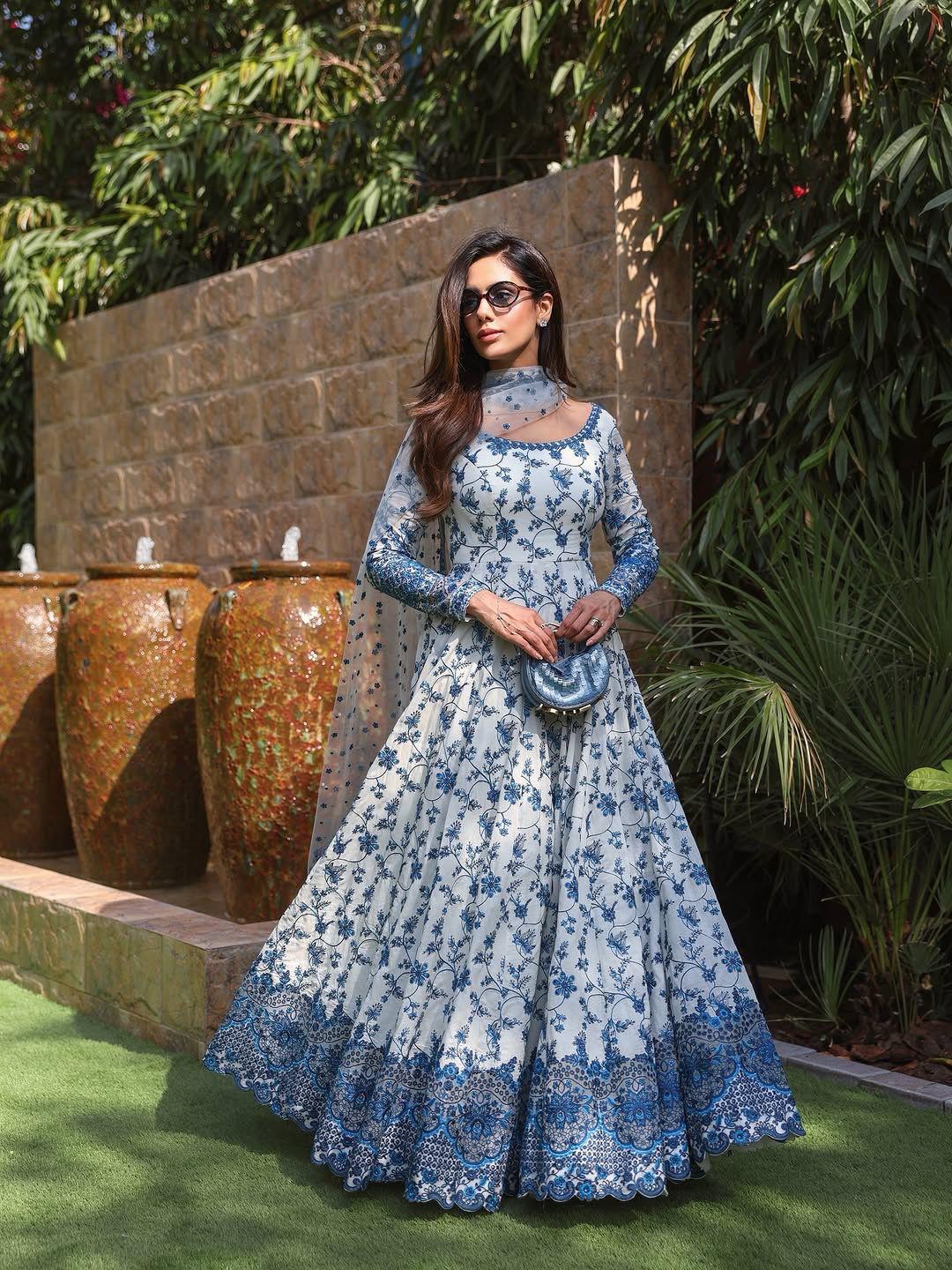 White Blue Exquisite Georgette & Soft Organza Silk Embroidered Gown Set