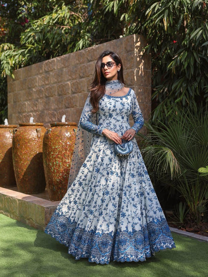 White Blue Exquisite Georgette & Soft Organza Silk Embroidered Gown Set