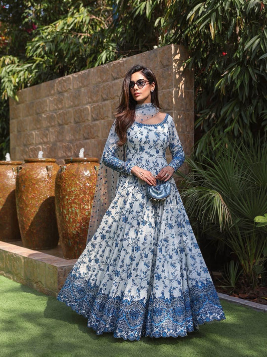 White Blue Exquisite Georgette & Soft Organza Silk Embroidered Gown Set