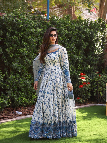 White Blue Exquisite Georgette & Soft Organza Silk Embroidered Gown Set
